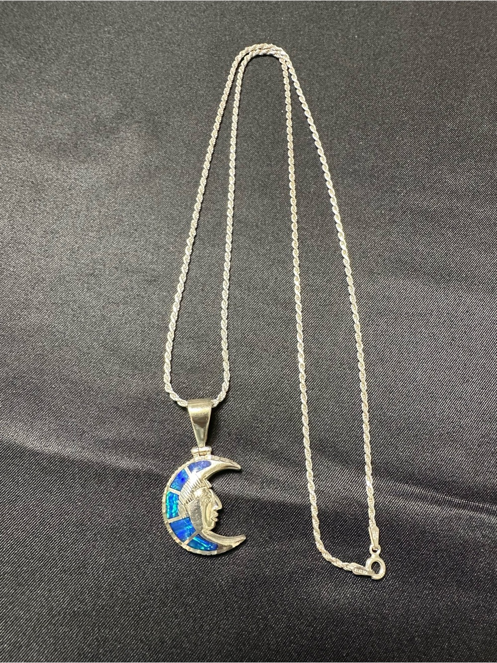 Cardenas Taxco Sterling Silver Moon Face Necklace with Blue Inlay necklace